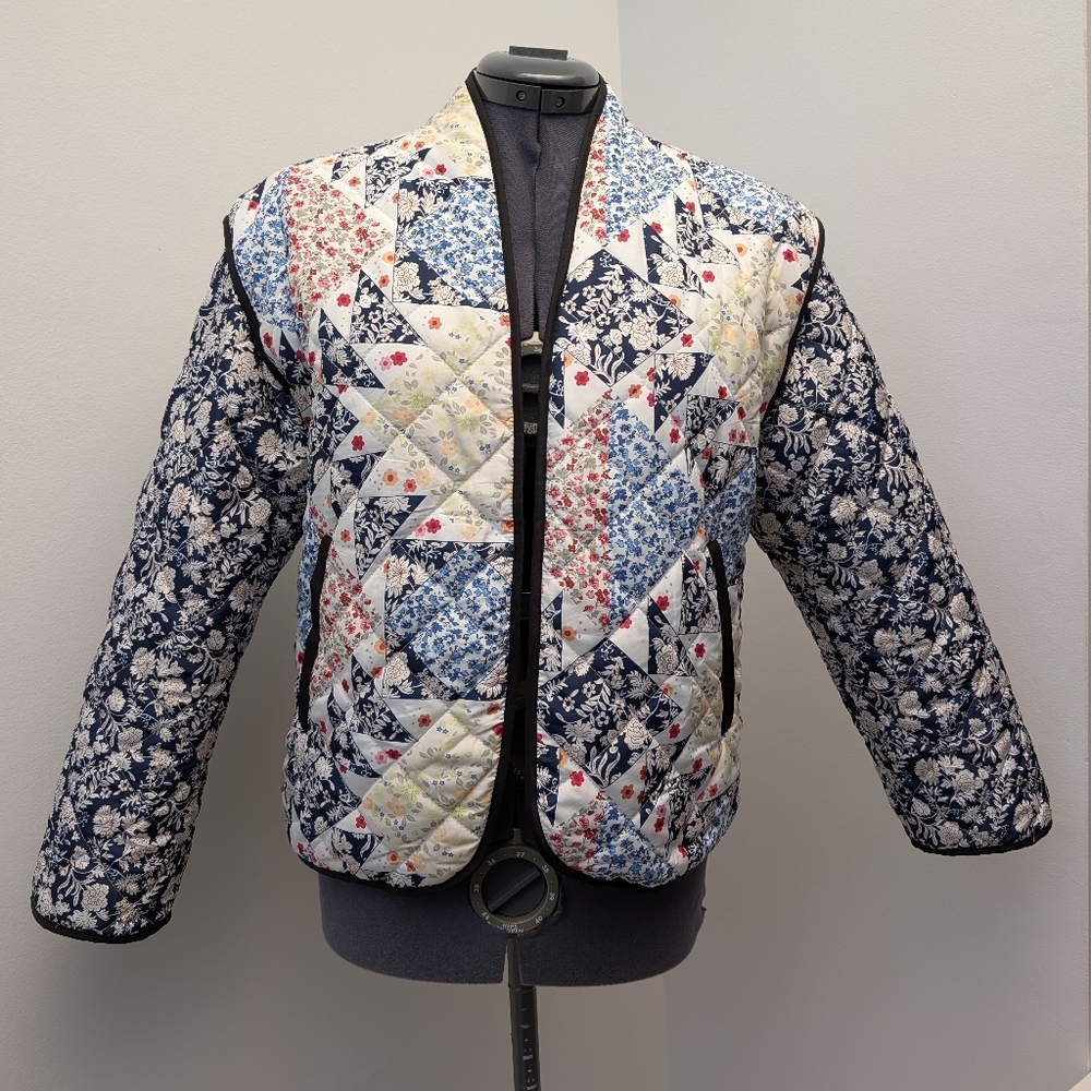 Floral Patchwork Quilted Jacket Blue White Yellow… - image 1